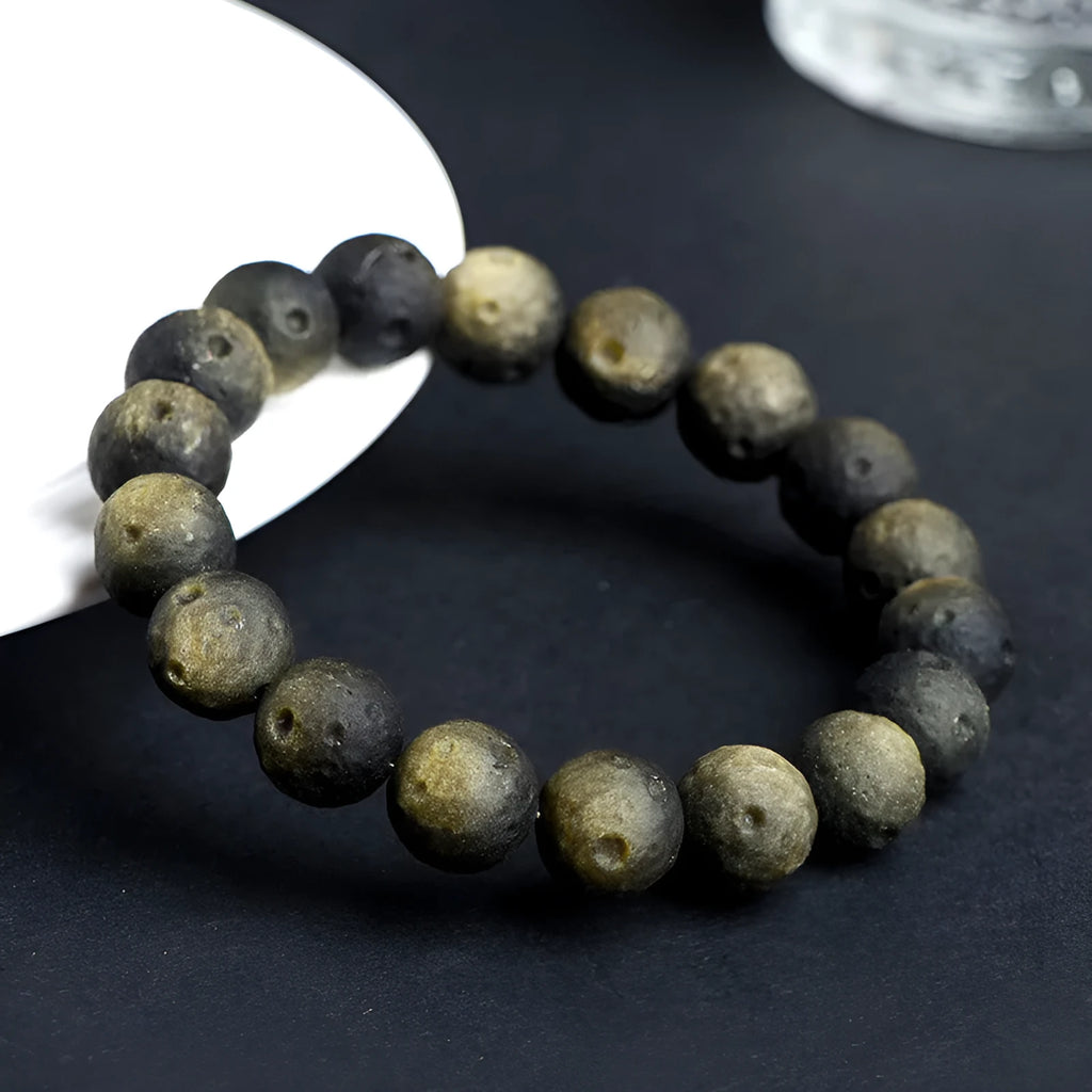Natural obsidian crater ball bracelet with stone meteorite beads in silver or gold colour options
