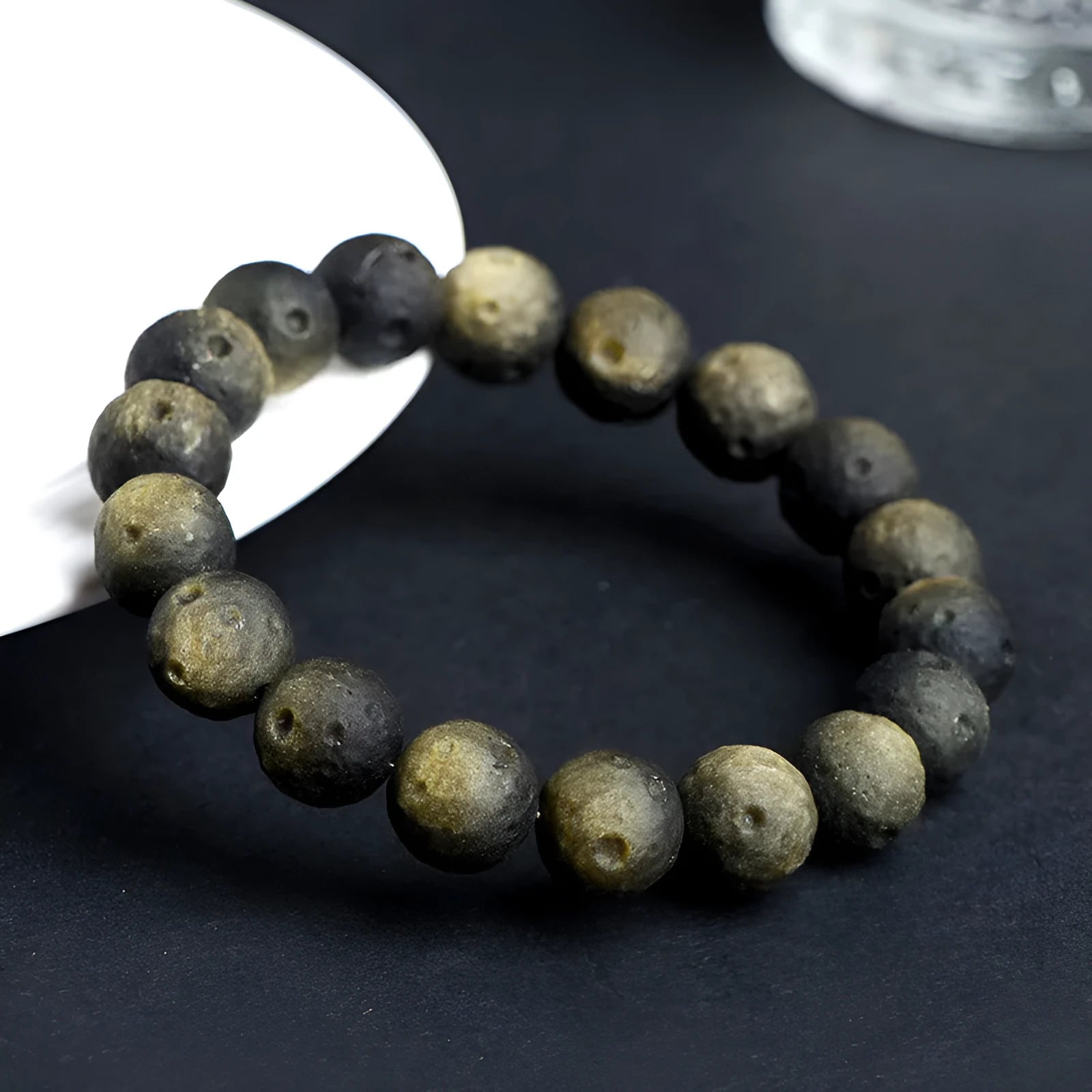 Natural obsidian crater ball bracelet with stone meteorite beads in silver or gold colour options