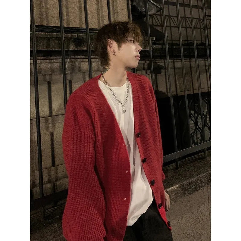 Men's army green cotton blend V-neck cardigan sweater with long sleeves in loose casual style