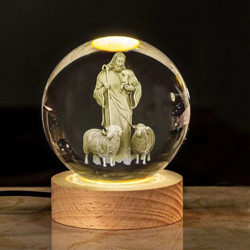 White crystal lamp with 6cm diameter orb on solid wood warm light base showing religious ornamentation