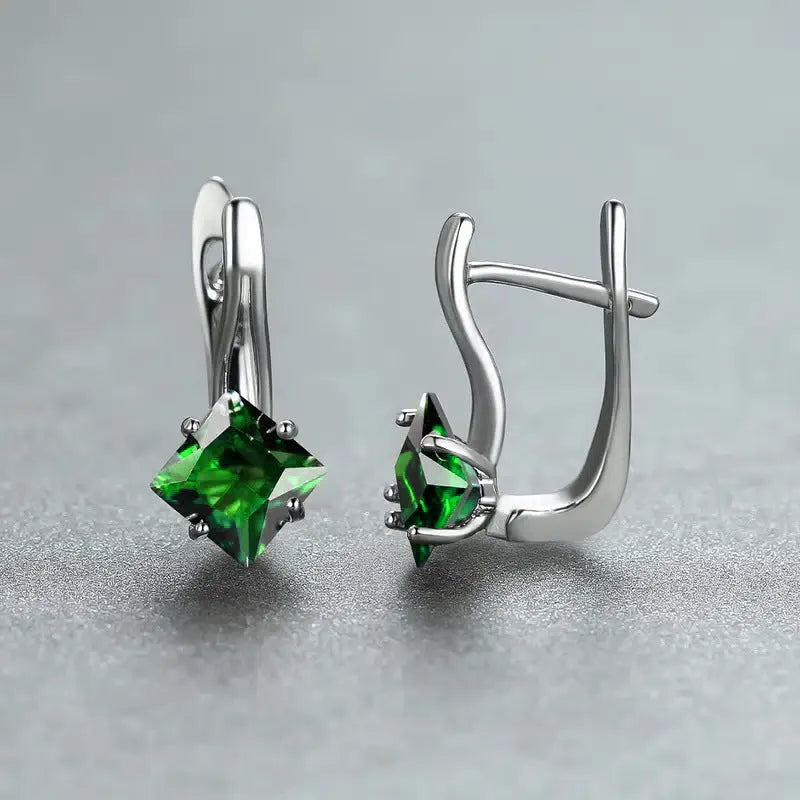 Copper diamond design earrings with inlaid zircon stones in blue, green and colour options