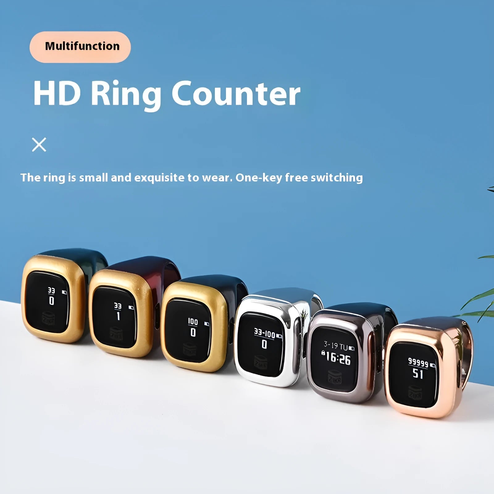 Al-Fatiha electronic zikr counter with digital display on a wristband, shown in rose gold colour.