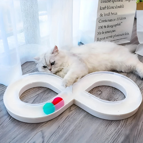 Blue interactive cat toy with turntable track ball system and teasing stick for self-play and owner interaction