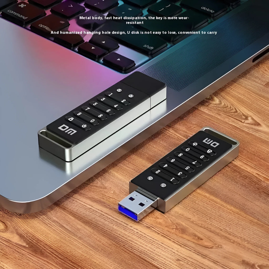 Metal USB flash drive with fingerprint sensor showing 64GB capacity and USB 3.0 connector