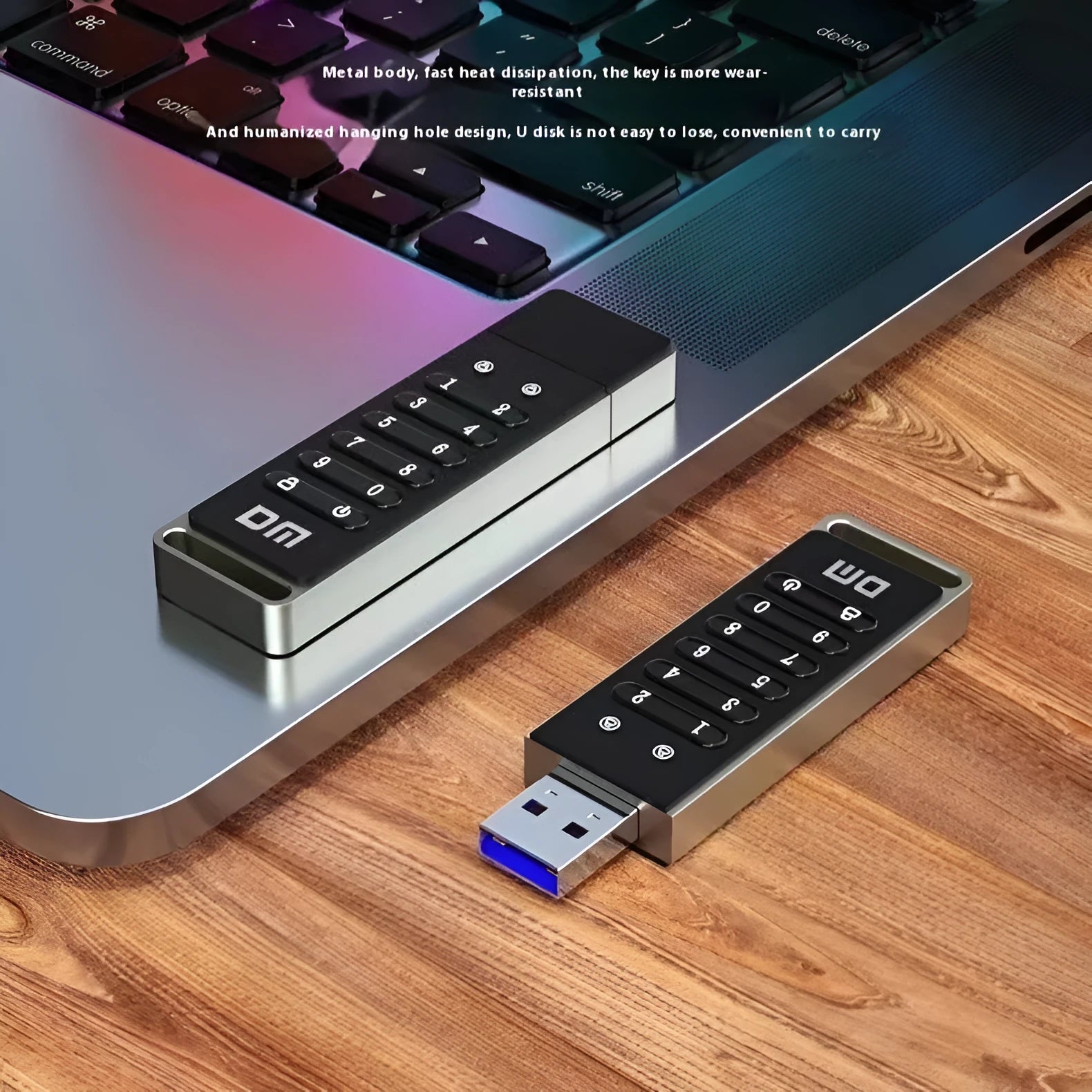 Metal USB flash drive with fingerprint sensor showing 64GB capacity and USB 3.0 connector