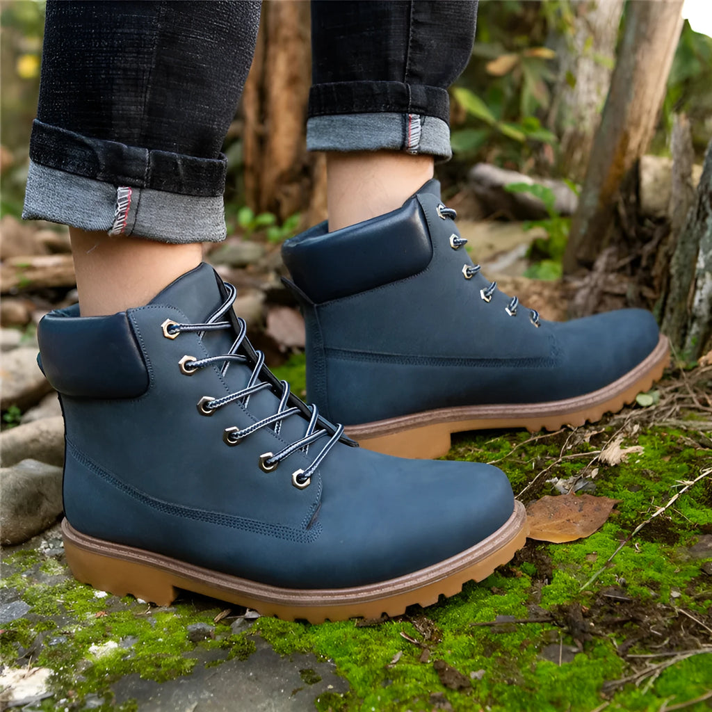 Pink men's high-top Martin boots with velvet lining, round toe, and front lace-up closure.
