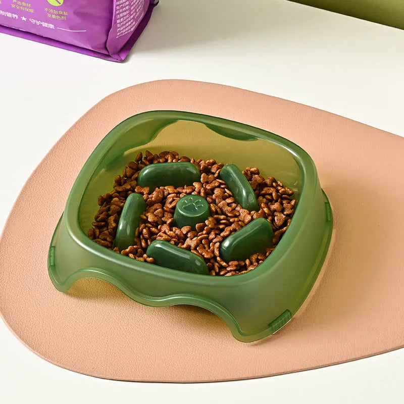 Plastic slow feeder dog bowl in blue, grey, green, and orange colour options