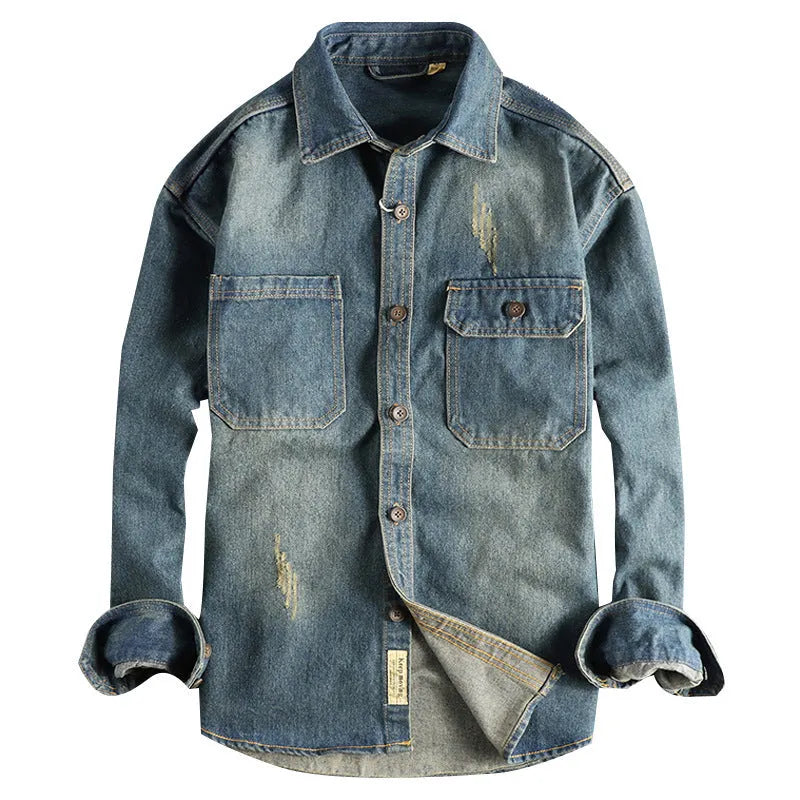 Men's loose-fit washed vintage denim shirt in light blue and dark blue colour options.