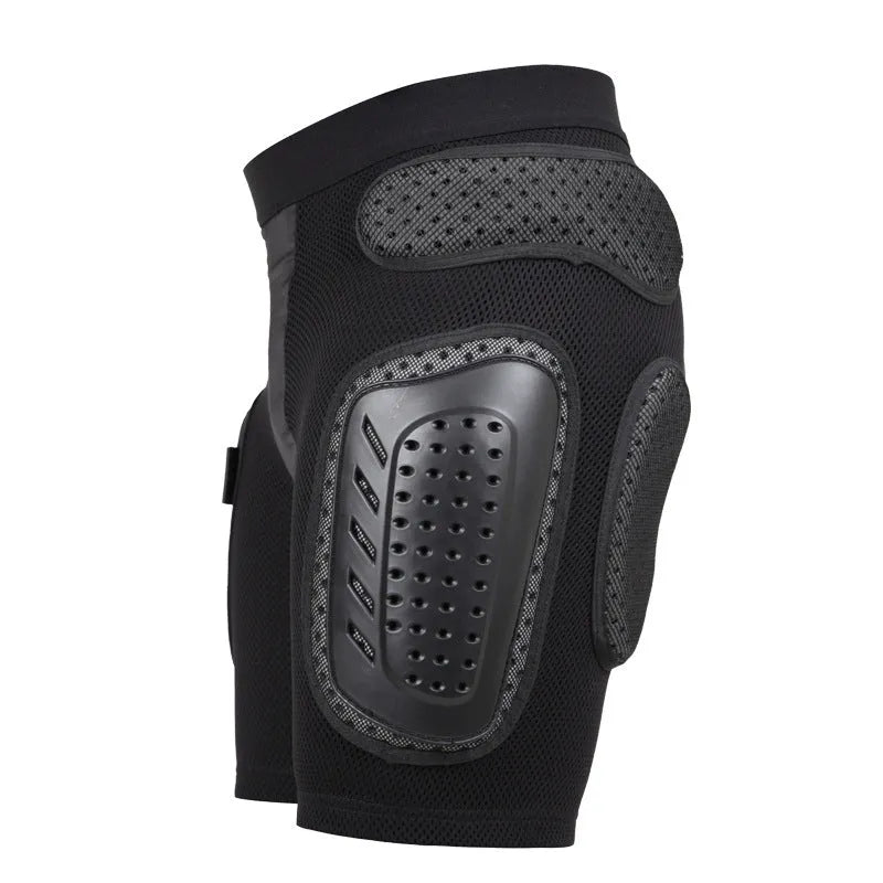 Black cycling hip protection pants with integrated impact-absorbing pads for mountain biking and BMX