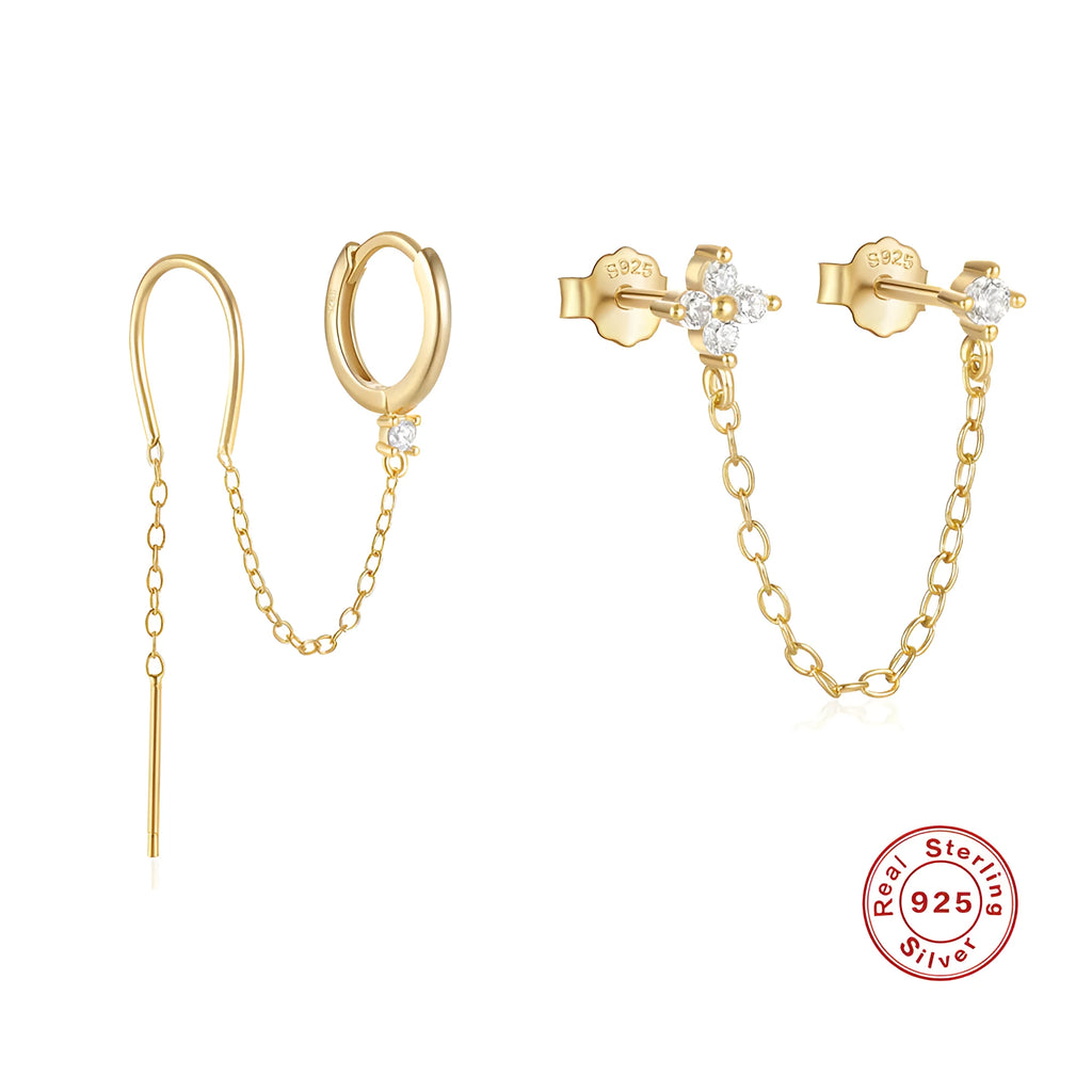 Geometric S925 sterling silver stud earring with flower, tassel, and chain design in a golden electroplated finish.