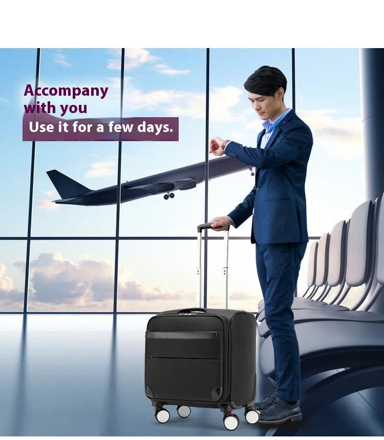 Black 18-inch Oxford cloth carry-on suitcase with retractable trolley handle and universal wheels.