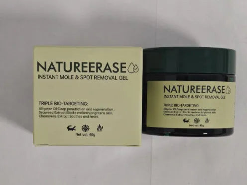 Natureerase mole removal gel tube showing 45g hydrating formula for general skin types
