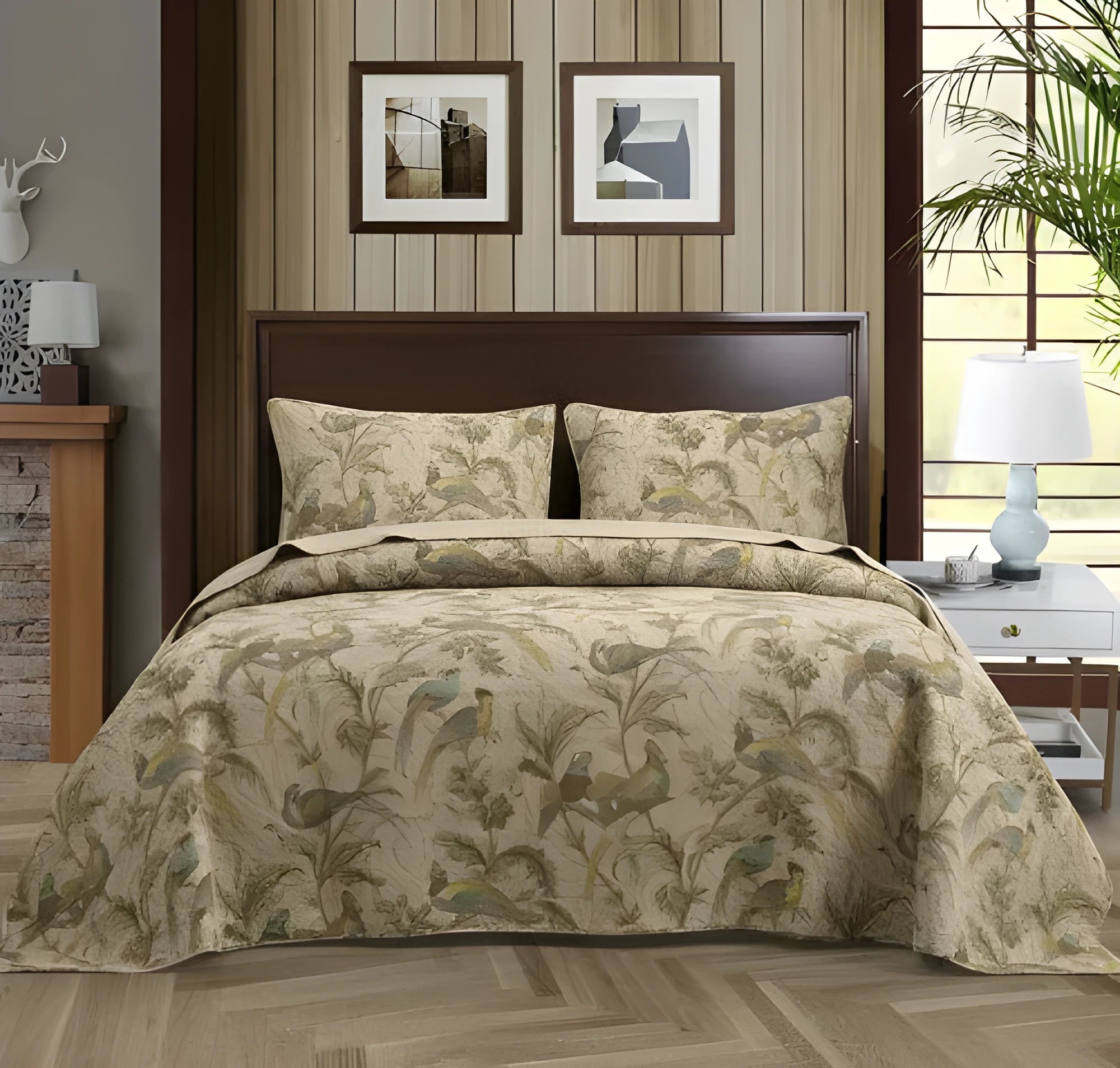 Blue American folk style cotton bedspread with floral bird pattern, three-piece set