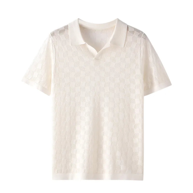 Men's mulberry silk short sleeve lapels sweater in business casual style
