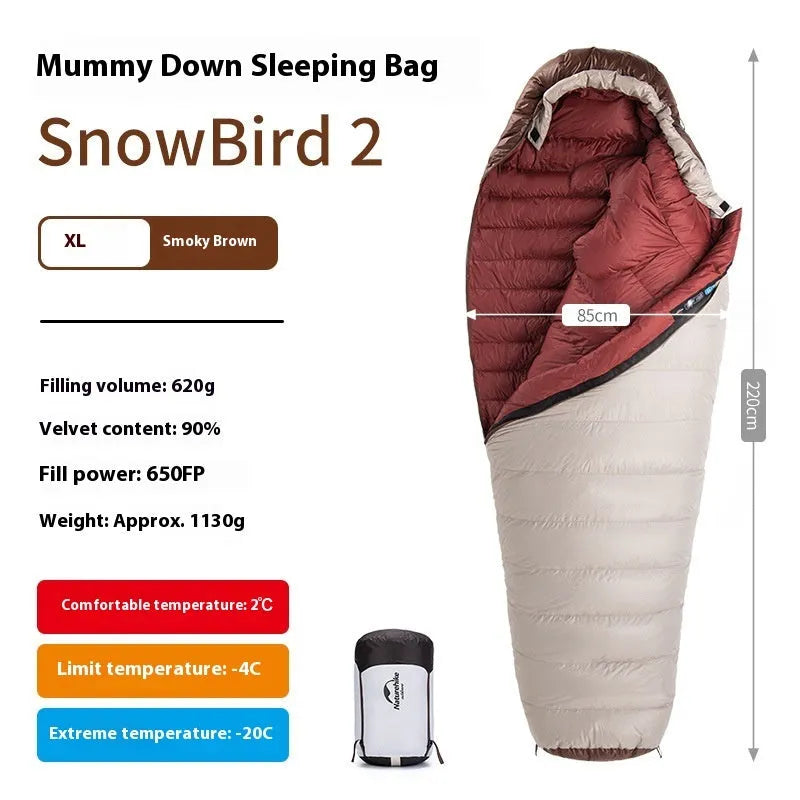 Adult mummy-style sleeping bag with goose down filler in multiple colour and weight options.
