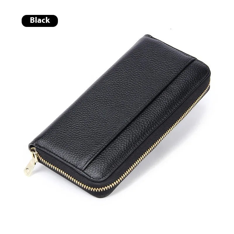 Women's genuine leather long wallet in solid colour with large capacity and anti-theft card swipe