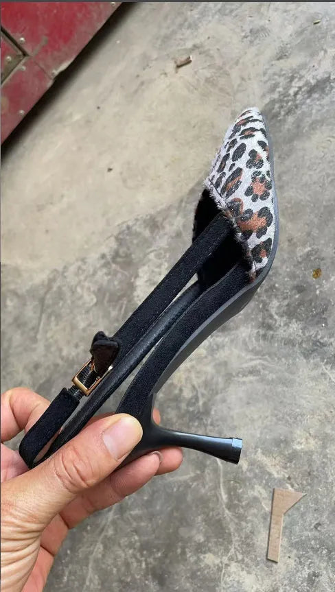 Women's pointed toe suede sandals with leopard print pattern, high heels available sizes 34-43