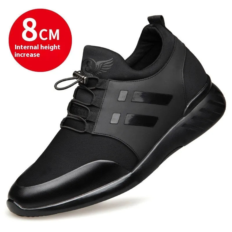 Men's black casual height increasing shoes with a chunky heel, round toe, and genuine leather upper.