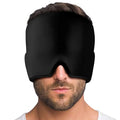Black elastic cloth gel cold therapy eye mask for headache relief on grey background.