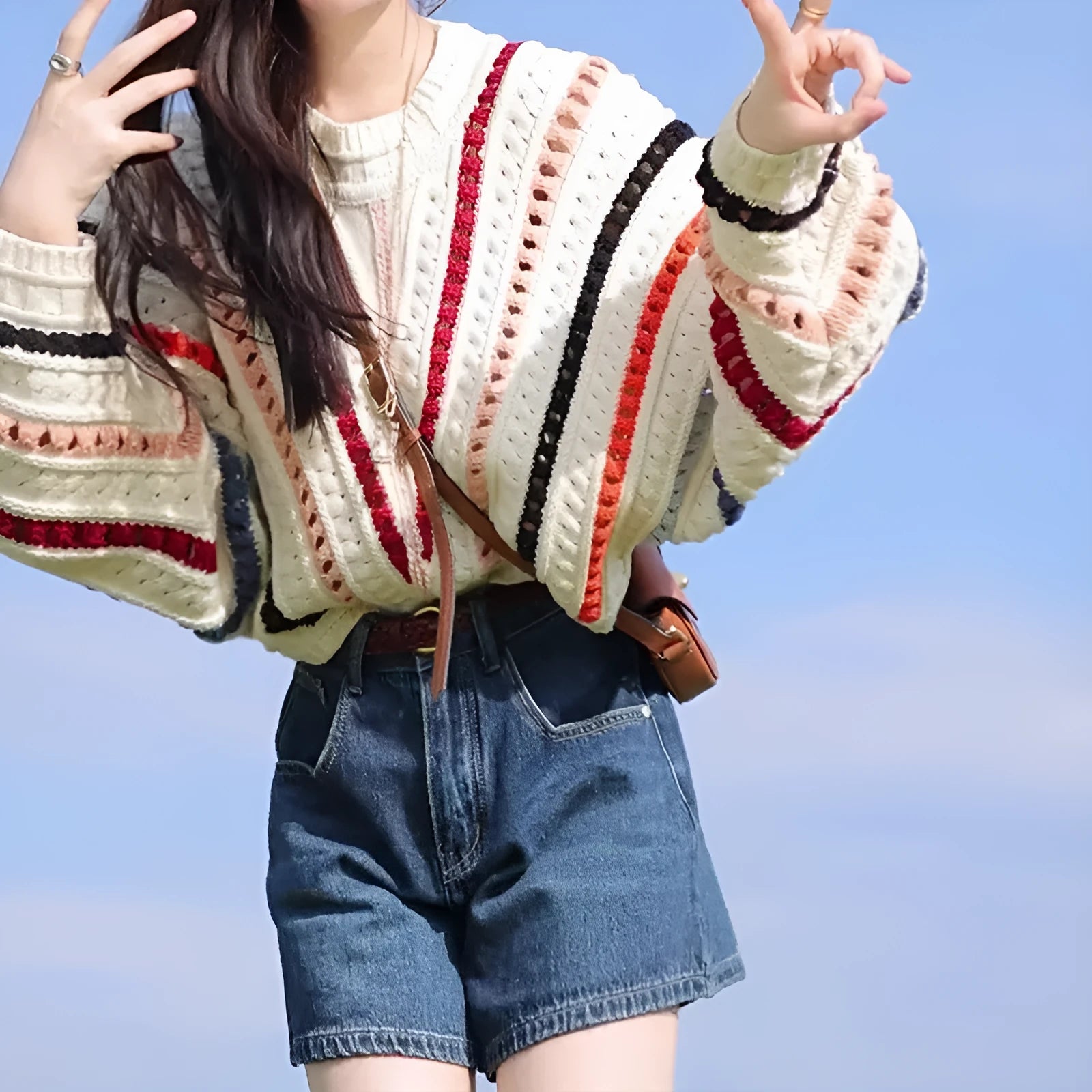 Women's retro rainbow striped hollow sweater with batwing sleeves and round neck