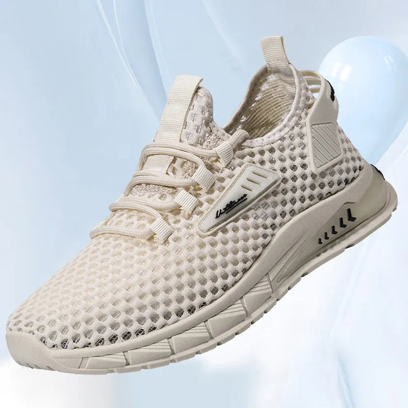 Men's beige mesh-lined casual sneakers with synthetic leather upper and white EVA sole.