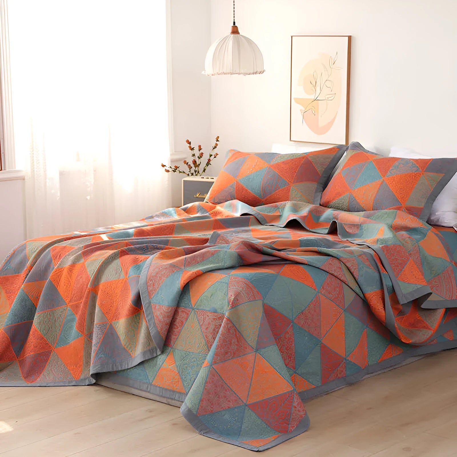 Cotton gauze bed blanket set with floral botanical pattern and two matching pillowcases