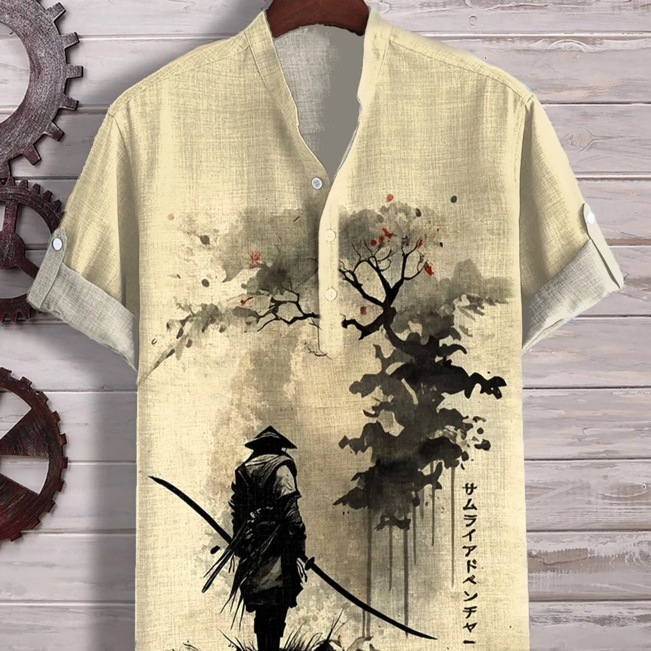 Man wearing a short sleeve shirt with a vivid 3D digital print of an animal graphic.
