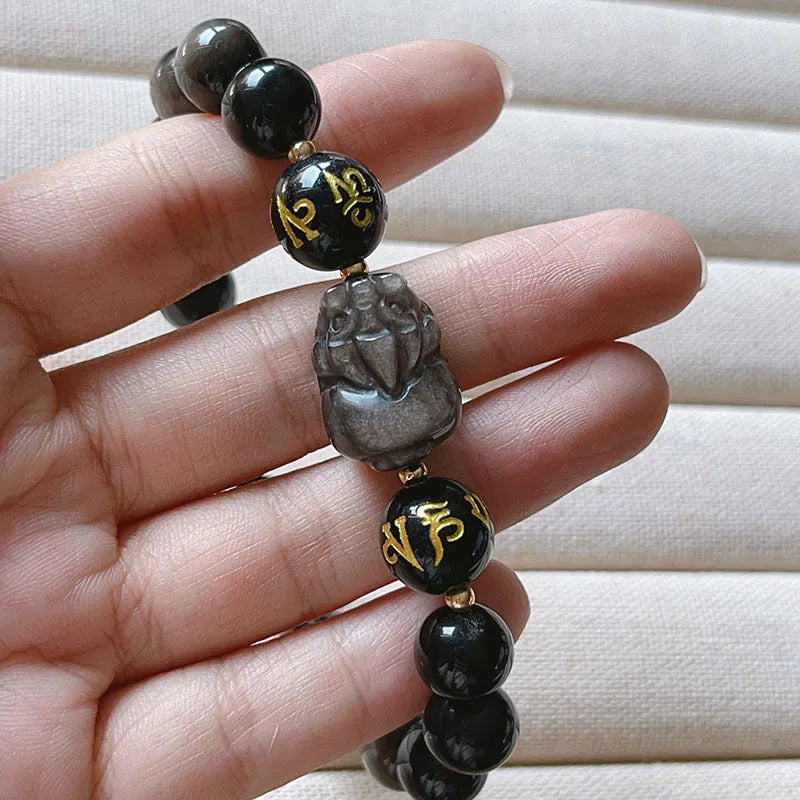 Silver stone men's bracelet with Chinese beaded design and engraved proverbs