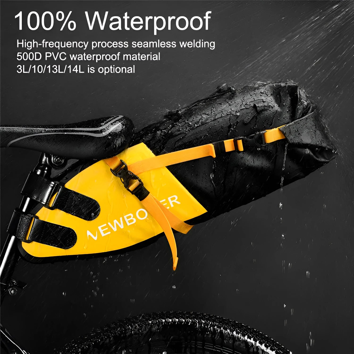Waterproof black PVC bicycle tail bag with 13L capacity for outdoor cycling tools.