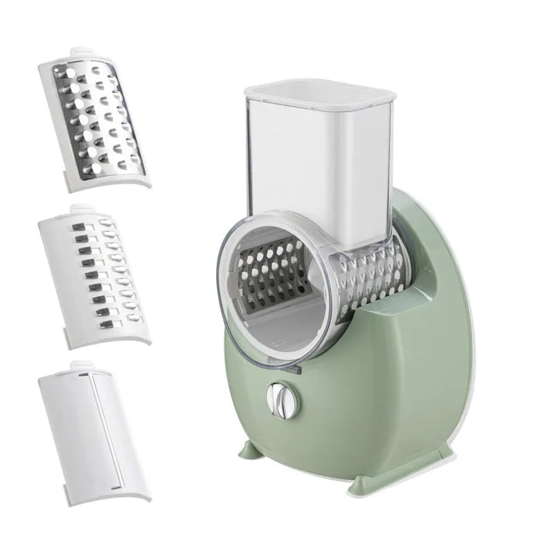 White electric vegetable slicer with rotary grater and multifunctional cutting blades for potatoes and carrots