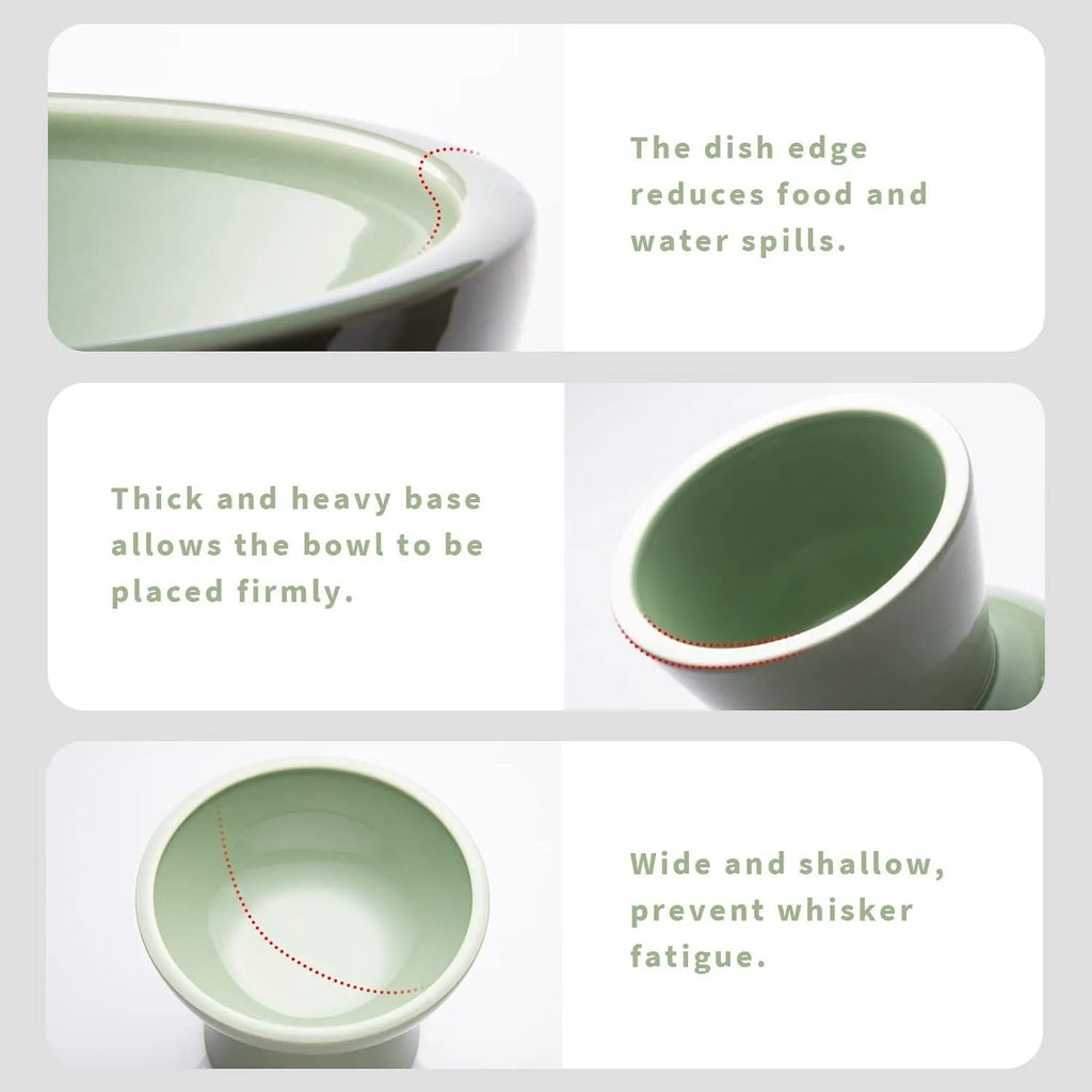 Blue wide ceramic elevated cat food bowl on a white background.