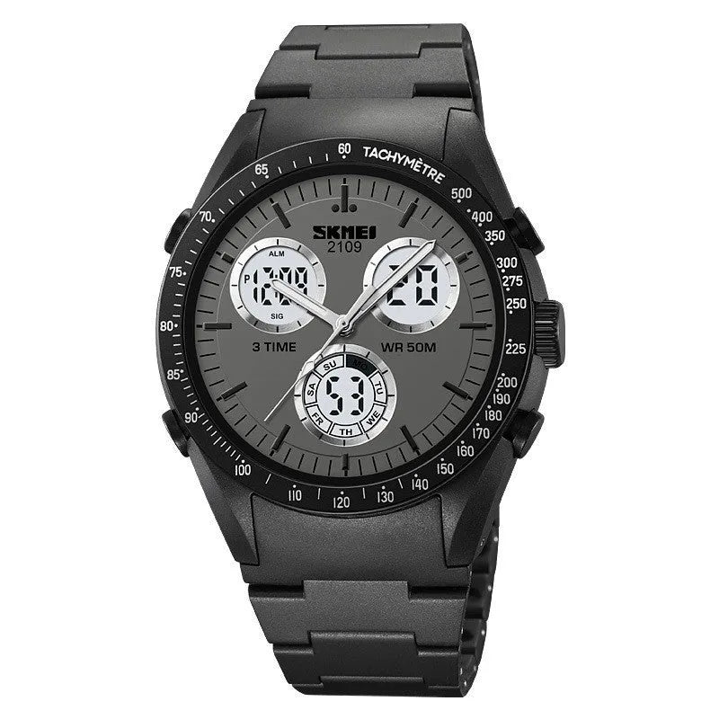 Electronic casual watch with camouflage patterned strap and resin mirror face, showing stainless steel button.
