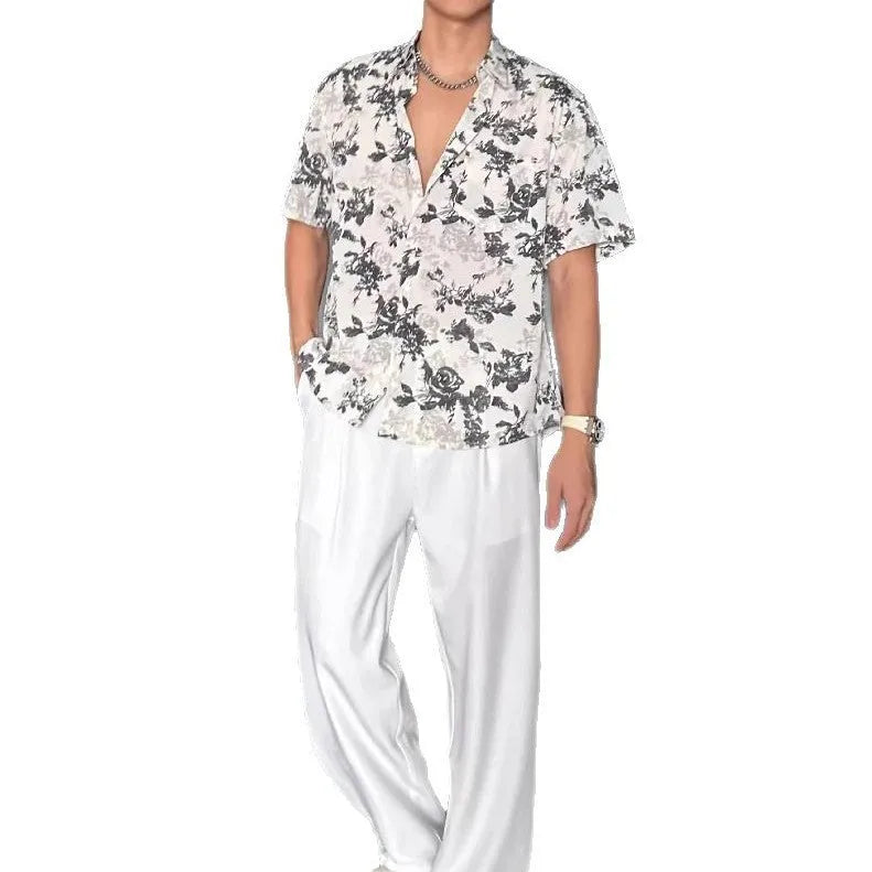 Loose casual floral printed short sleeve shirt in black or white colours