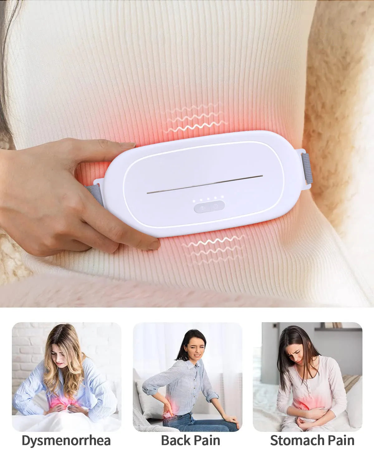 White reusable uterine warming device for pelvic heat therapy.