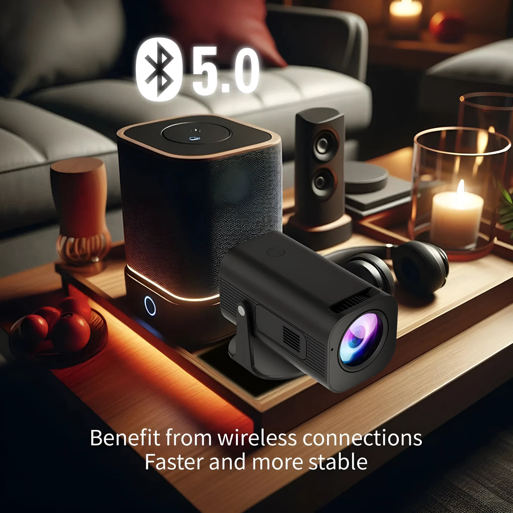 P330 black and white portable mini projector with remote control on a table