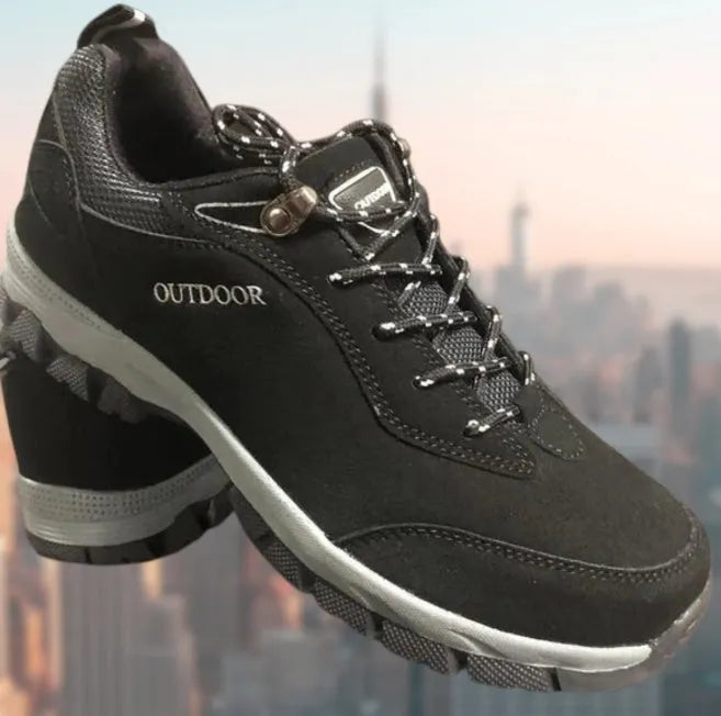 Men's low top outdoor hiking shoes in army green, available in extended UK sizes from 39 to 49.
