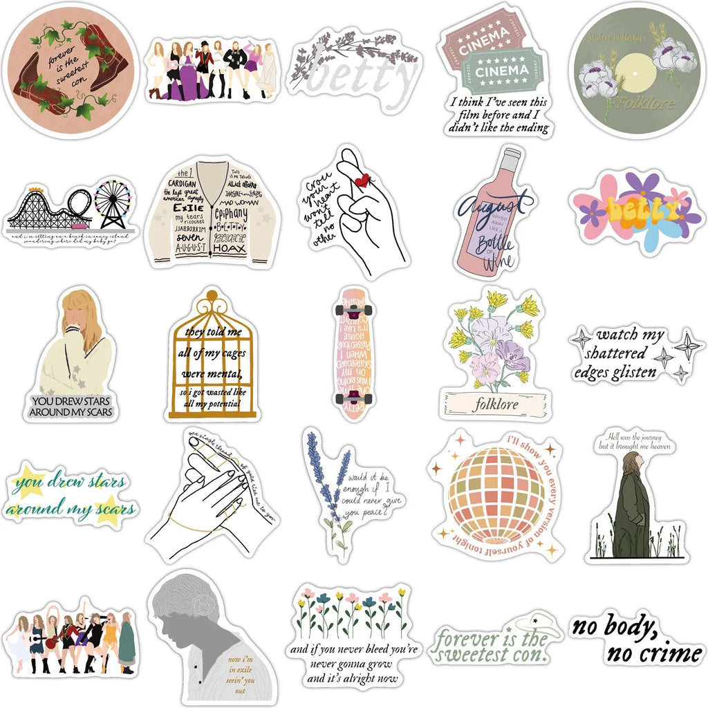 50 sheets of colourful graffiti and cartoon waterproof stickers measuring 4-6cm