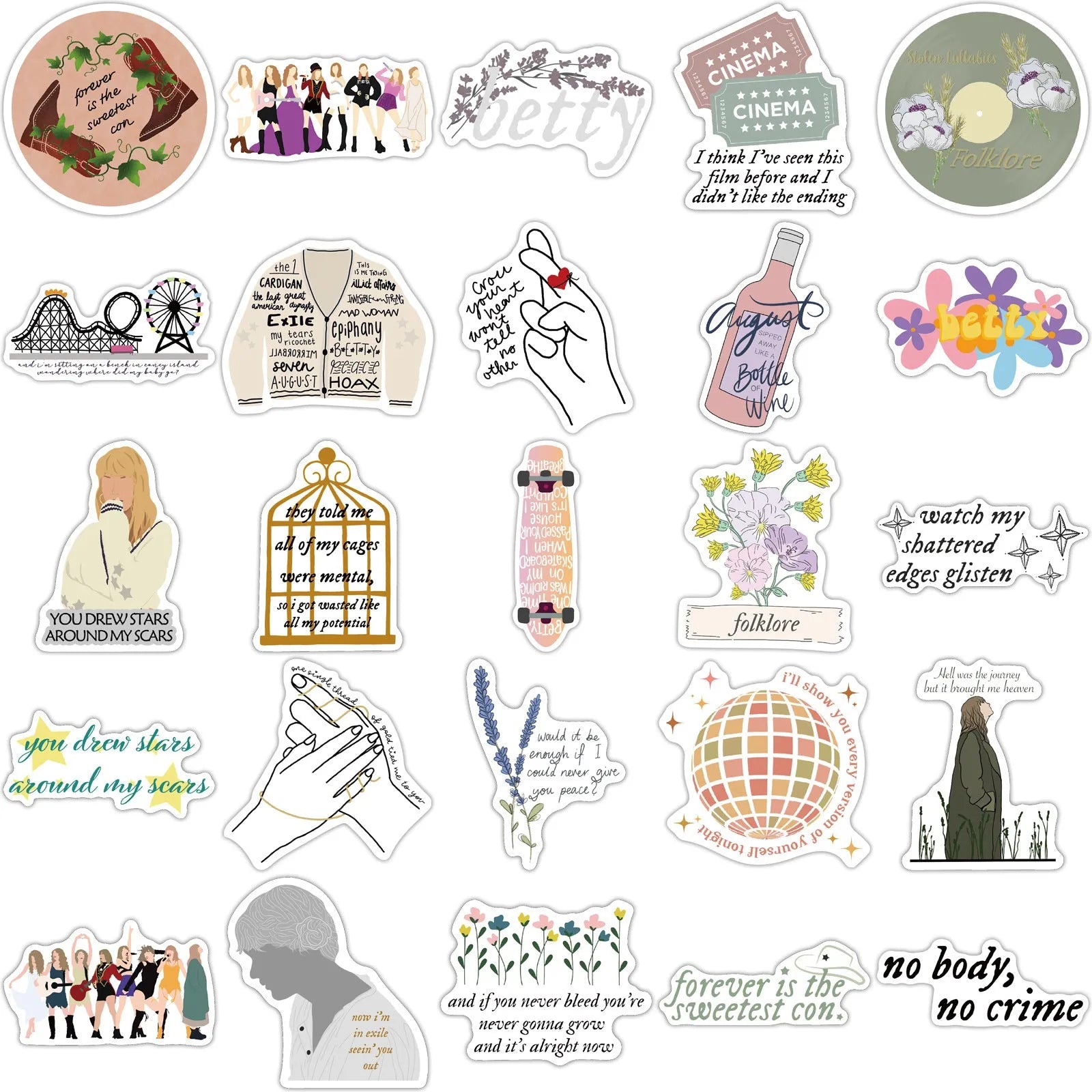 50 sheets of colourful graffiti and cartoon waterproof stickers measuring 4-6cm