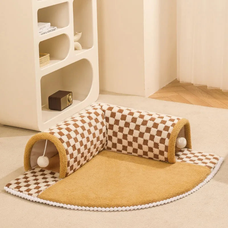 Brown plush plaid cat tunnel bed with central mat and zippered collapsible tunnel for indoor cats