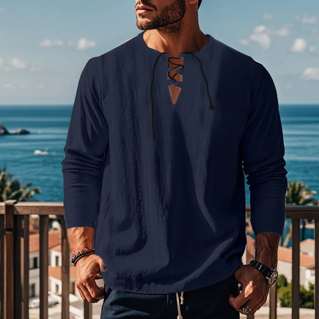 Men's solid colour cotton linen blend beach shirt in loose pullover style shown in army green