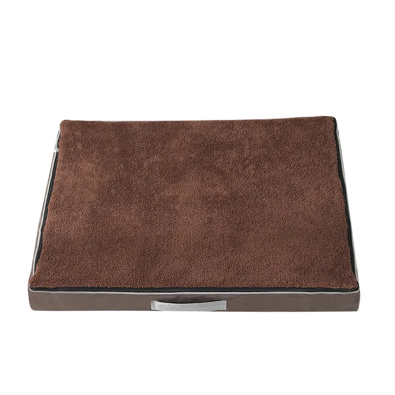 Brown removable washable memory sponge dog mat for pets showing size options.