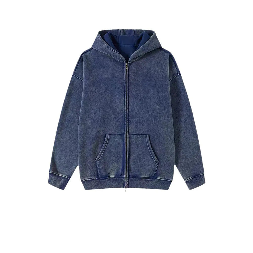 Man's dark green fleece-lined hooded cardigan sweater with a double zip front.