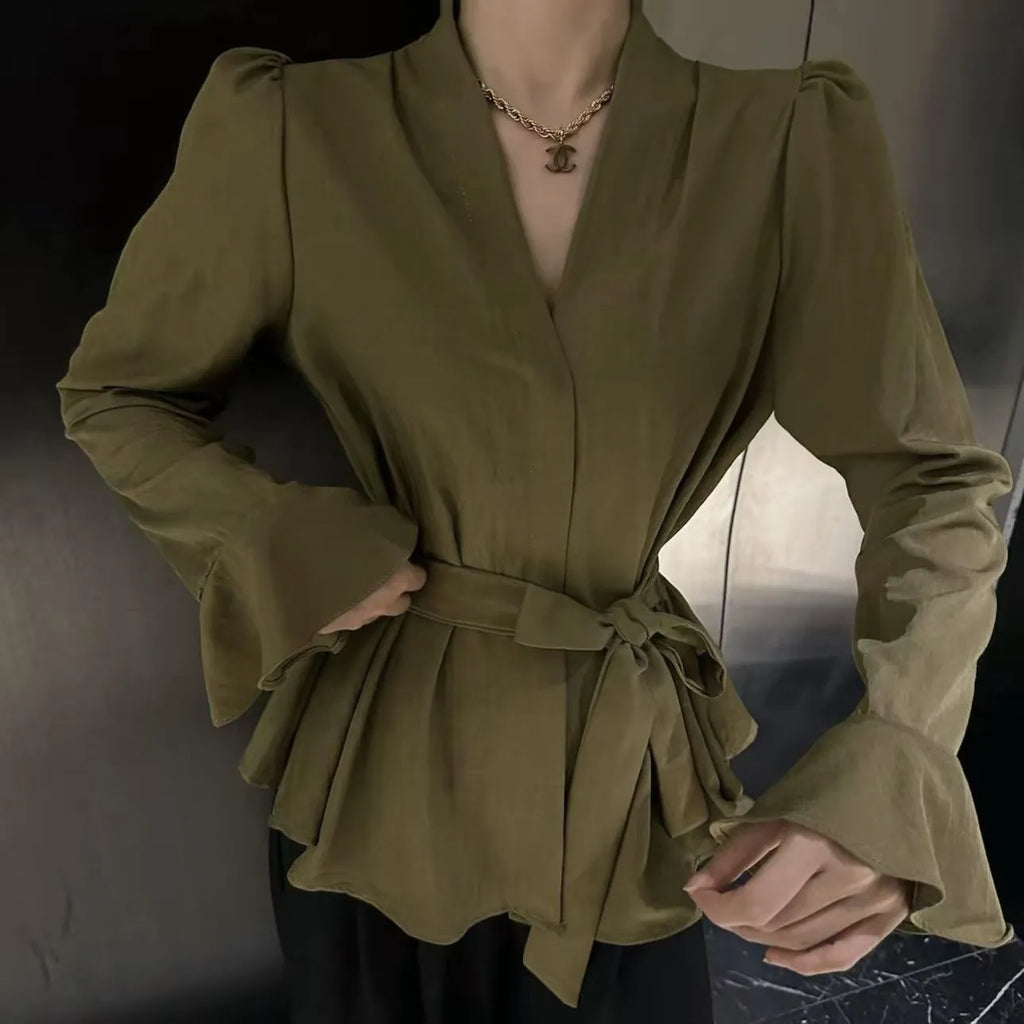 Women's French-style long sleeve shirt with irregular collar and bell sleeves in black