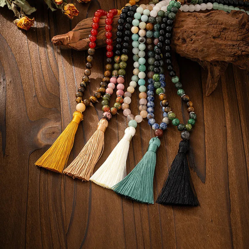 Vintage bohemian long beaded necklace and bracelet set in geometric ball chain design.
