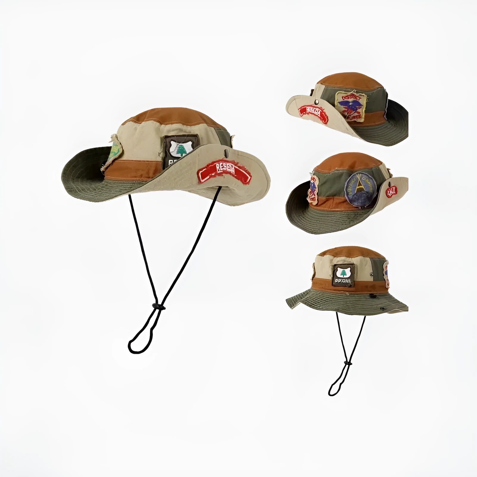 Army green cotton fisherman hat with patchwork detailing and flat top crown