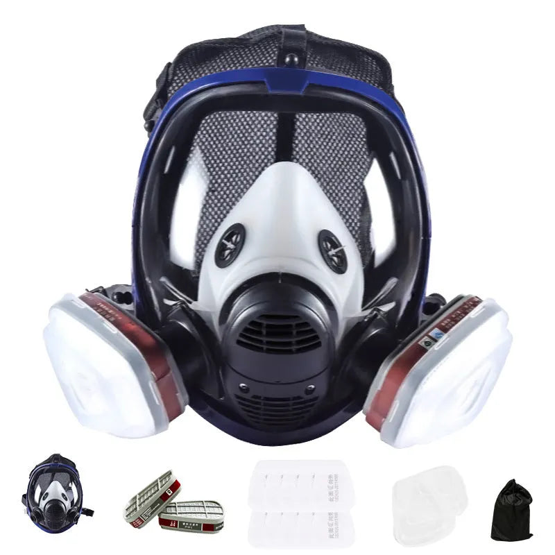 Blue edge spherical full face gas mask with trapezoidal canister on a grey background.