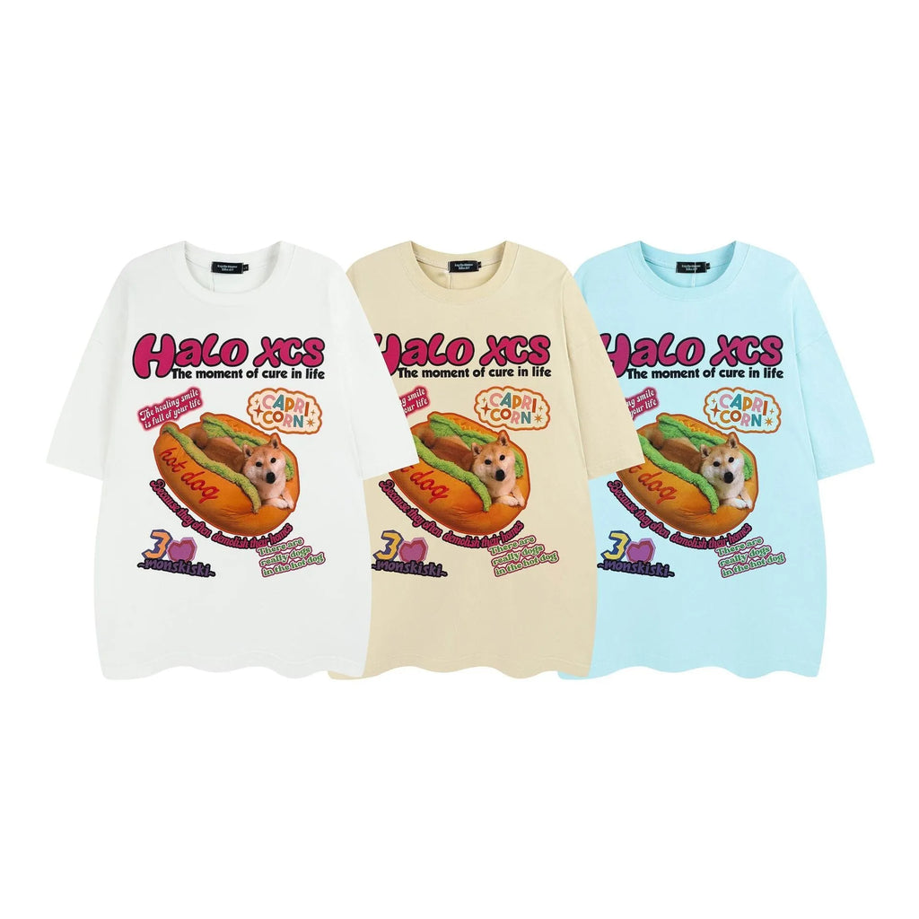 Loose fit white cotton T-shirt with a cartoon hamburger dog print on the front.