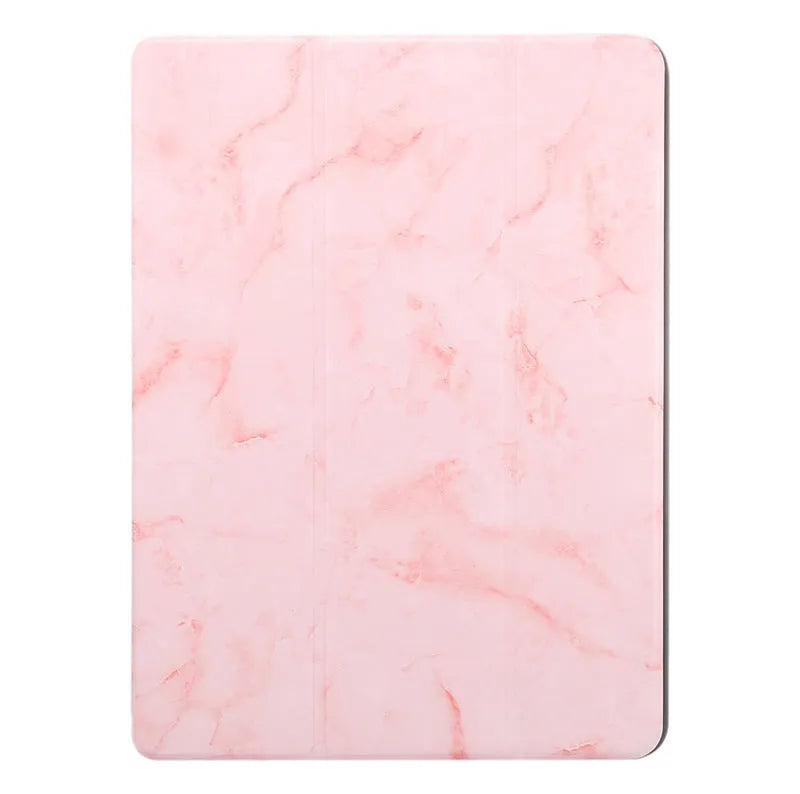 Tri-fold marbling imitation leather iPad case with a visible Apple Pencil slot, shown in dark grey.
