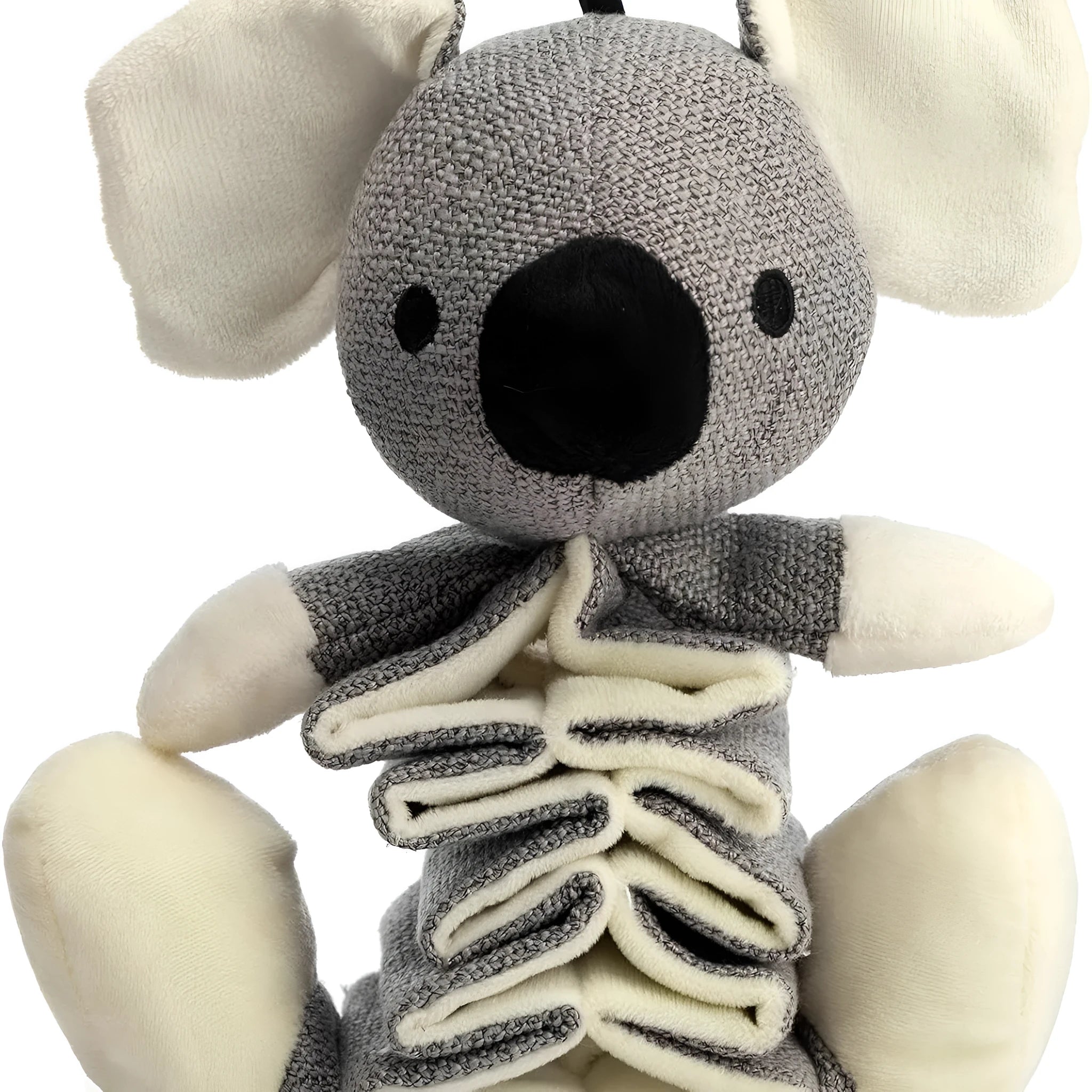 Grey koala squeaky dog toy with crinkle paper, measuring 30cm from head to foot