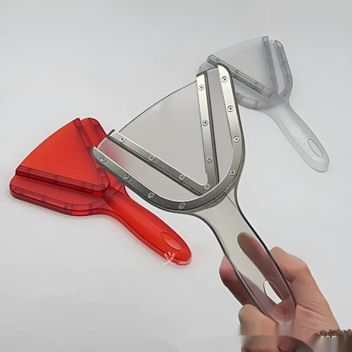 Red adjustable telescopic can opener and bottle opener with non-slip handle on a kitchen counter.